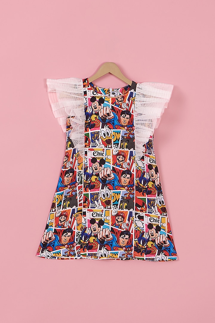 Multi-Colored Crepe & Net Printed Dress For Girls by PiccoRicco