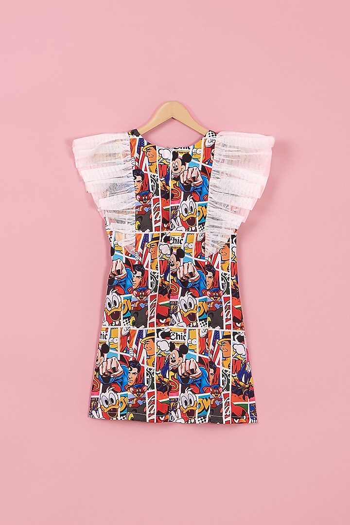 Multi-Colored Crepe & Net Printed Dress For Girls by PiccoRicco at Pernia's Pop Up Shop