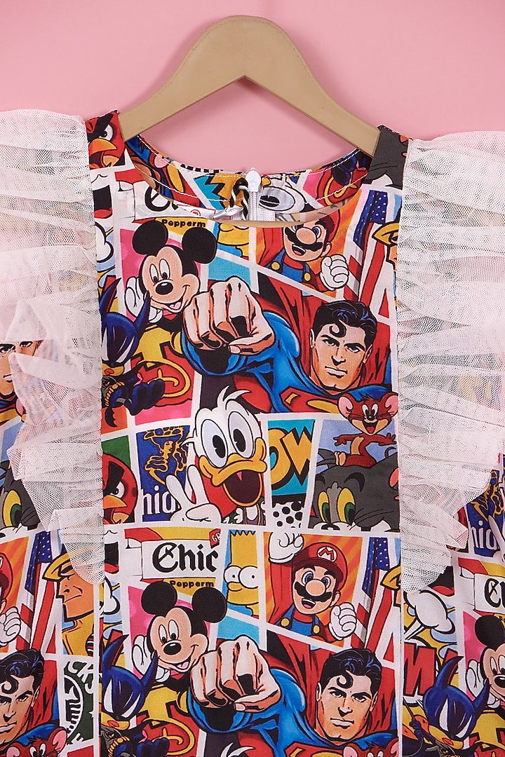 Multi-Colored Crepe & Net Printed Dress For Girls by PiccoRicco at Pernia's Pop Up Shop
