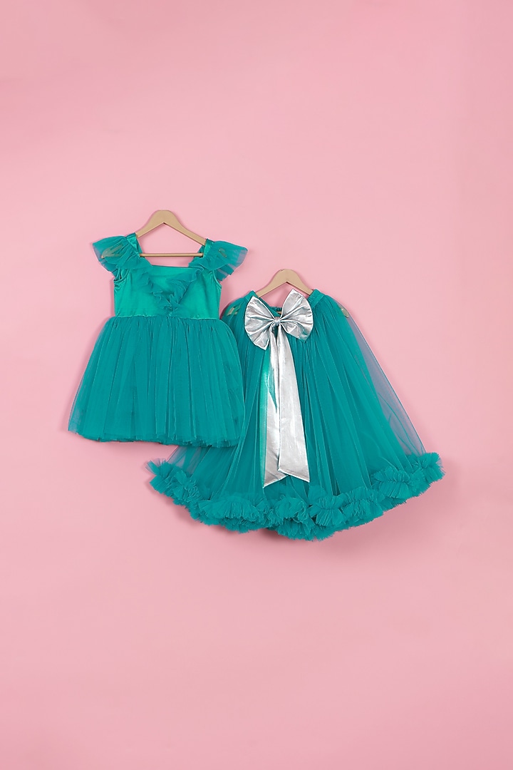 Turquoise Net & Satin Butterfly Dress For Girls by PiccoRicco at Pernia's Pop Up Shop