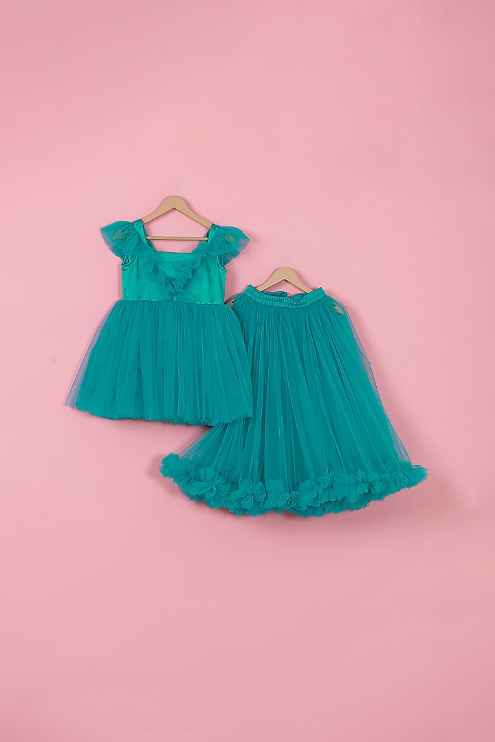 Turquoise Net & Satin Butterfly Dress For Girls by PiccoRicco at Pernia's Pop Up Shop