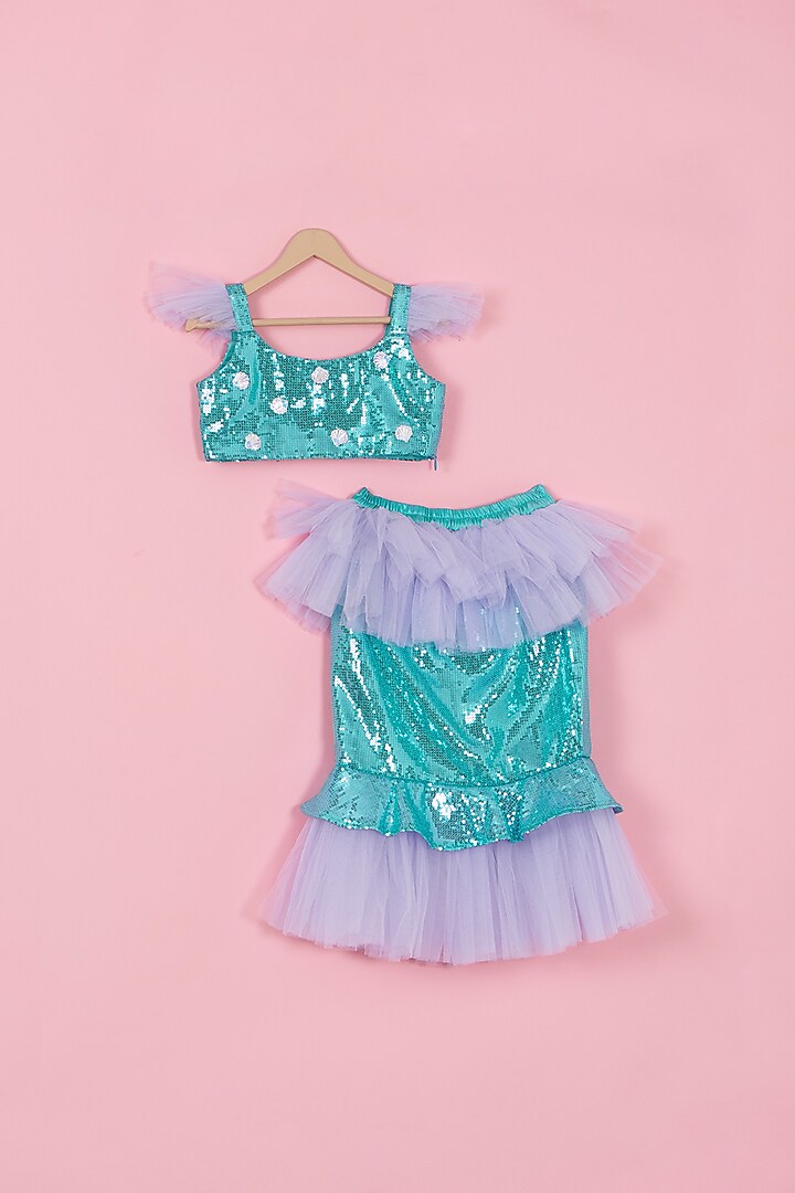Sea Blue & Purple Sequins Skirt Set For Girls by PiccoRicco at Pernia's Pop Up Shop