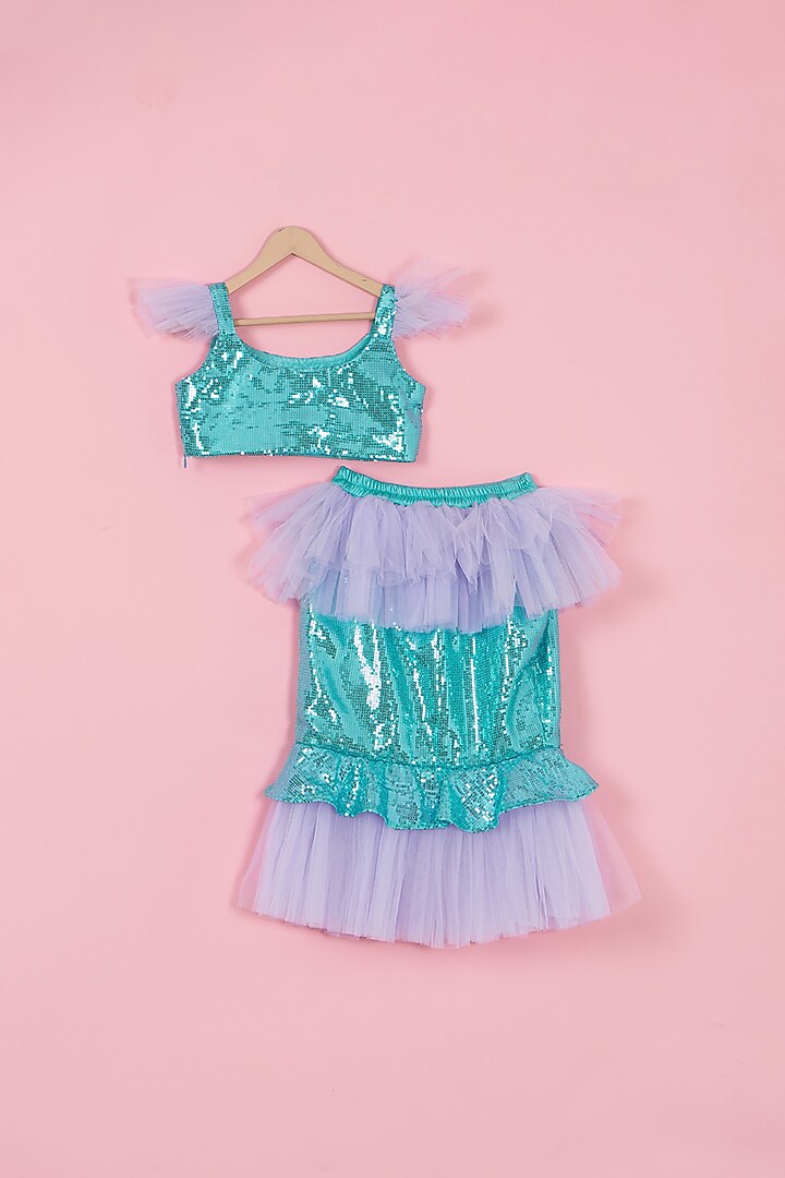Sea Blue & Purple Sequins Skirt Set For Girls by PiccoRicco at Pernia's Pop Up Shop