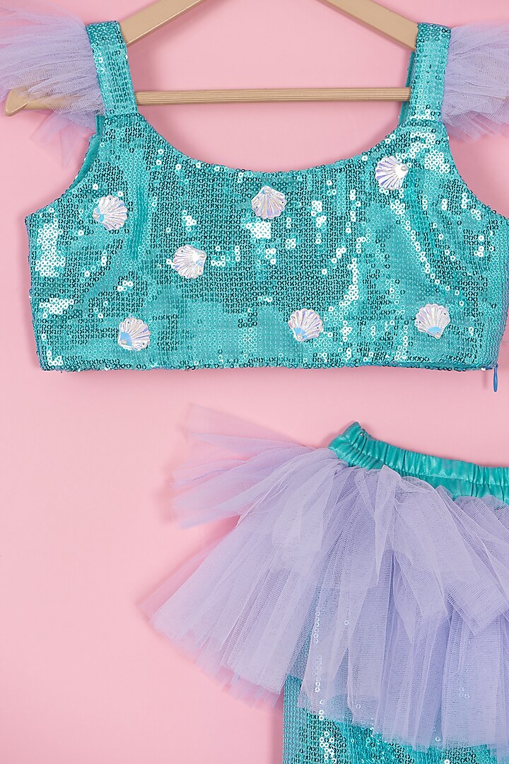 Sea Blue & Purple Sequins Skirt Set For Girls by PiccoRicco at Pernia's Pop Up Shop
