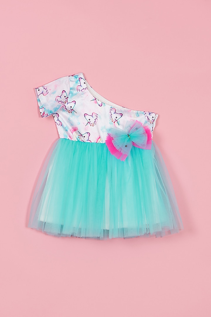 White & Blue Satin Unicorn Printed Dress For Girls by PiccoRicco at Pernia's Pop Up Shop