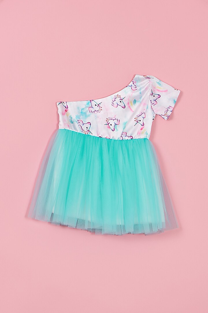 White & Blue Satin Unicorn Printed Dress For Girls by PiccoRicco at Pernia's Pop Up Shop