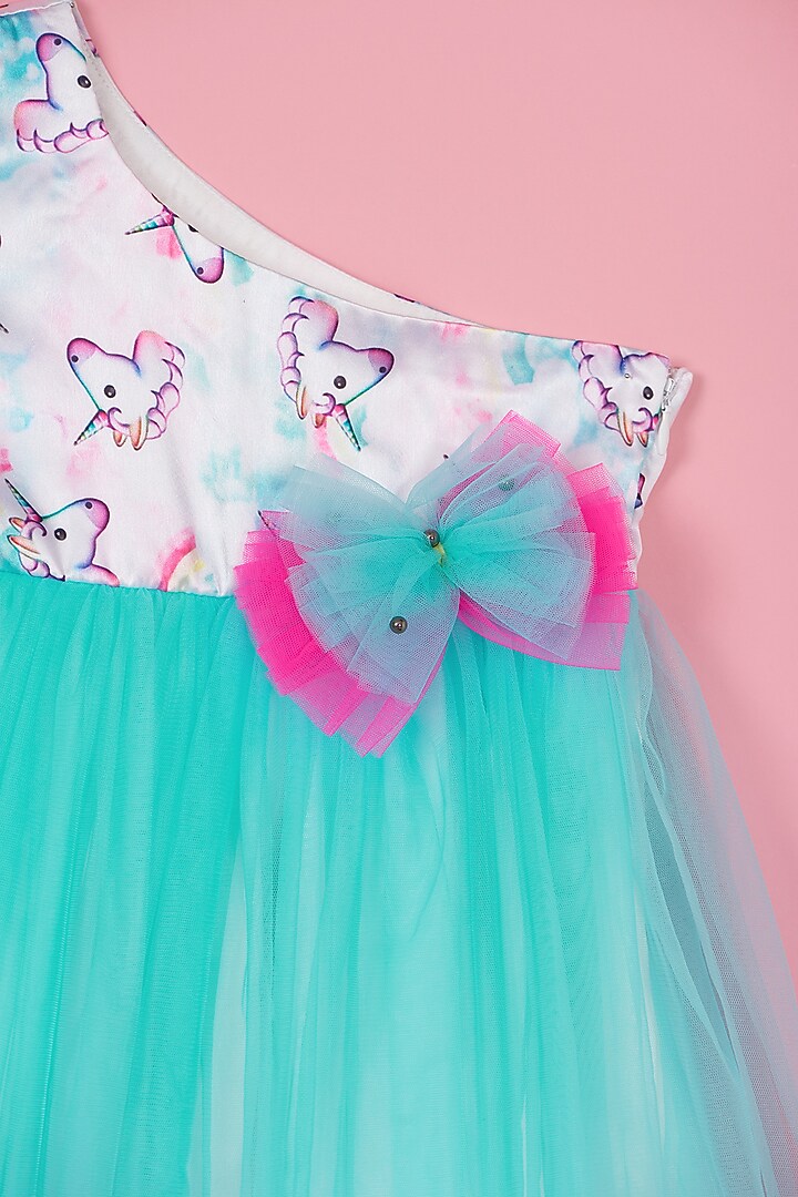 White & Blue Satin Unicorn Printed Dress For Girls by PiccoRicco at Pernia's Pop Up Shop