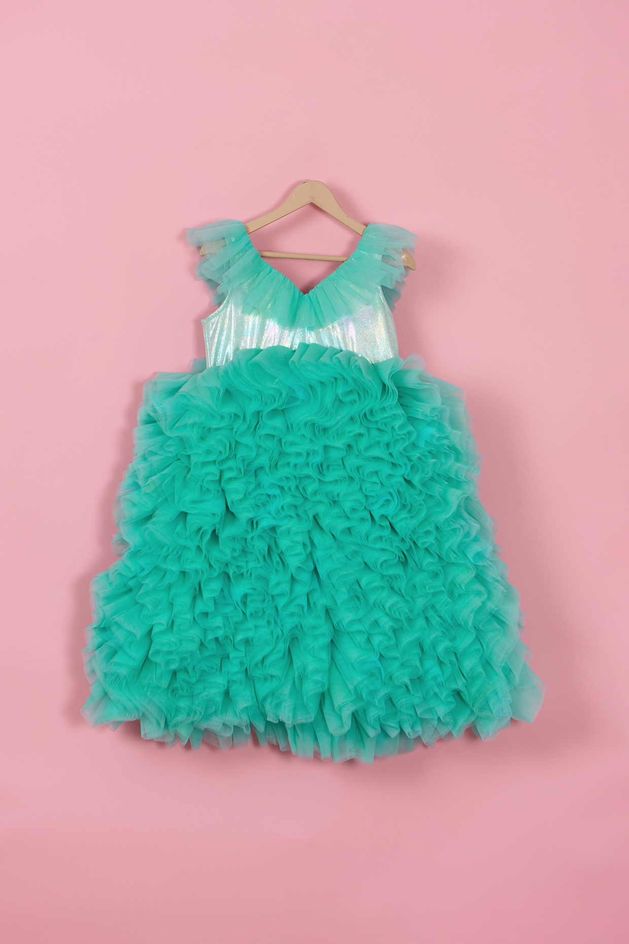 Green Lycra & Net Butterfly Gown For Girls by PiccoRicco at Pernia's Pop Up Shop