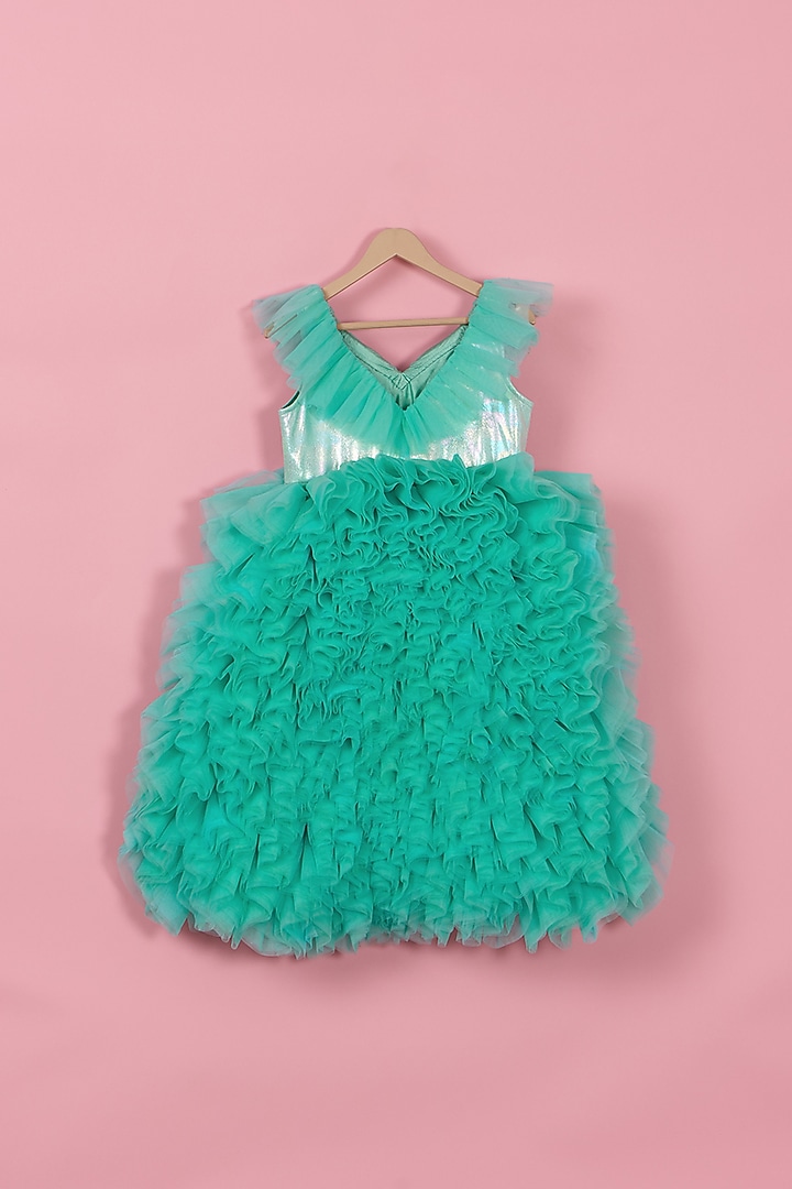 Green Lycra & Net Butterfly Gown For Girls by PiccoRicco at Pernia's Pop Up Shop