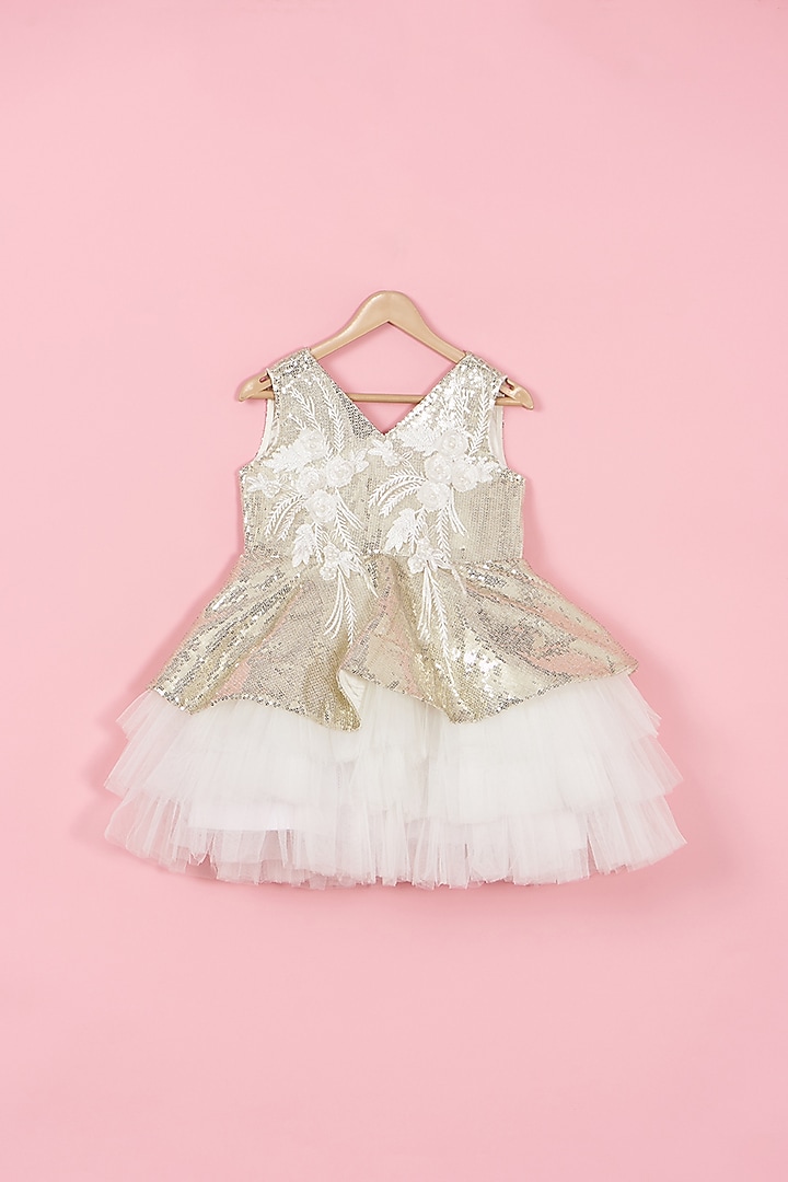 Gold & White Net Embroidered Shimmer Dress For Girls by PiccoRicco at Pernia's Pop Up Shop