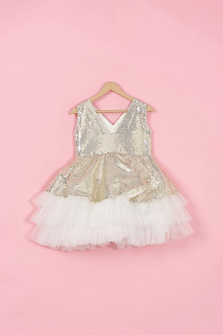 Gold & White Net Embroidered Shimmer Dress For Girls by PiccoRicco at Pernia's Pop Up Shop