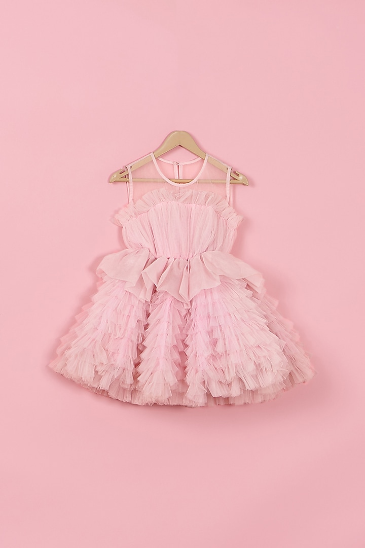 Baby Pink Net Frilled Dress For Girls by PiccoRicco