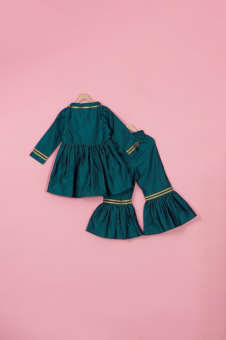 Coral Blue Silk Gharara Set For Girls by PiccoRicco at Pernia's Pop Up Shop