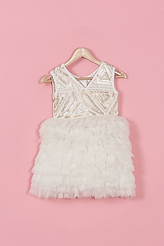 White Satin & Net Embroidered Frilled Dress For Girls by PiccoRicco