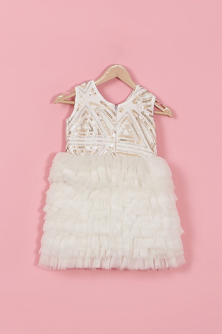 White Satin & Net Embroidered Frilled Dress For Girls by PiccoRicco at Pernia's Pop Up Shop