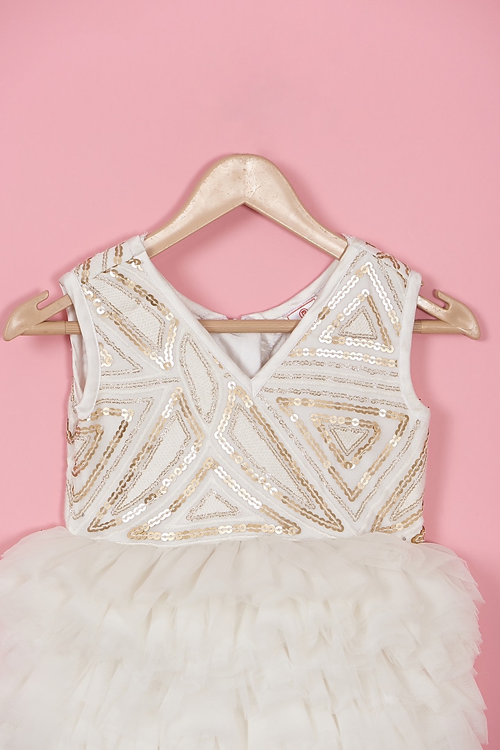 White Satin & Net Embroidered Frilled Dress For Girls by PiccoRicco at Pernia's Pop Up Shop