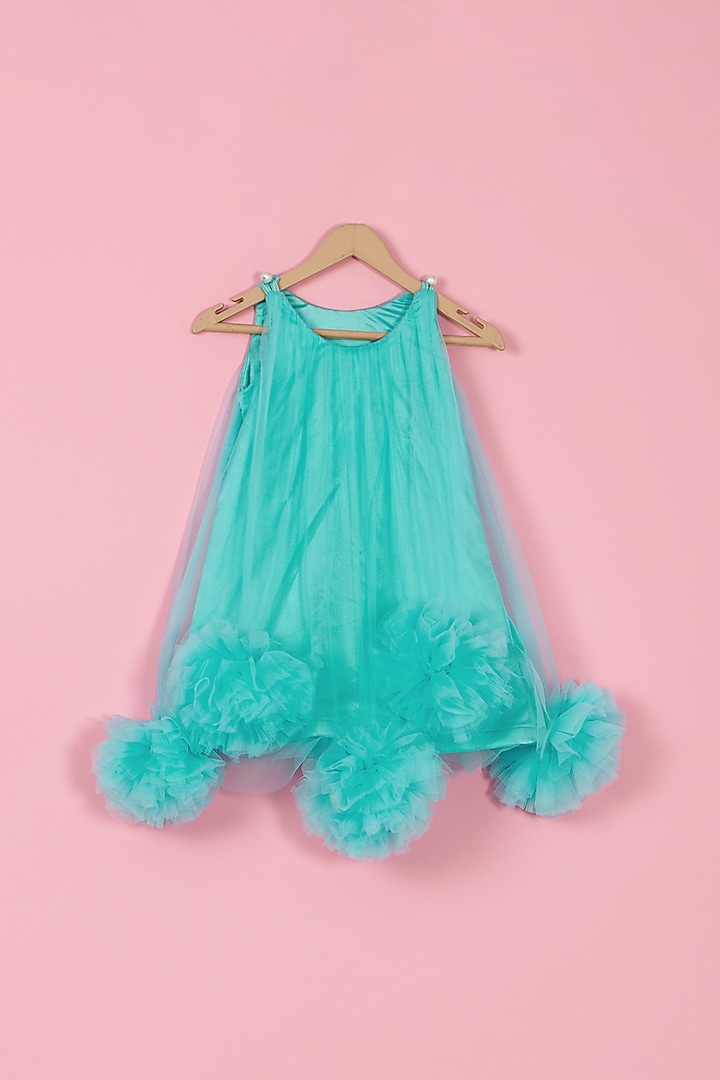 Aqua Blue Satin & Net Jhabla Dress For Girls by PiccoRicco at Pernia's Pop Up Shop