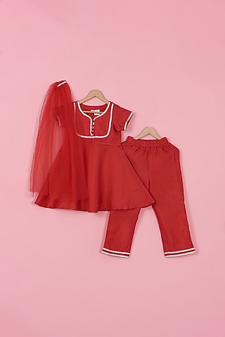 Red Silk Kurta Set For Girls by PiccoRicco