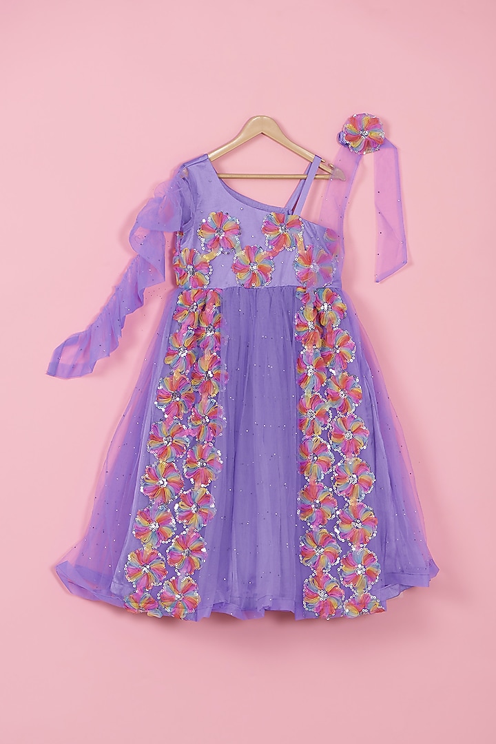 Lilac Shimmer Net One-Shoulder Gown For Girls by PiccoRicco at Pernia's Pop Up Shop