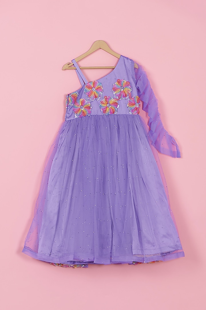 Lilac Shimmer Net One-Shoulder Gown For Girls by PiccoRicco at Pernia's Pop Up Shop