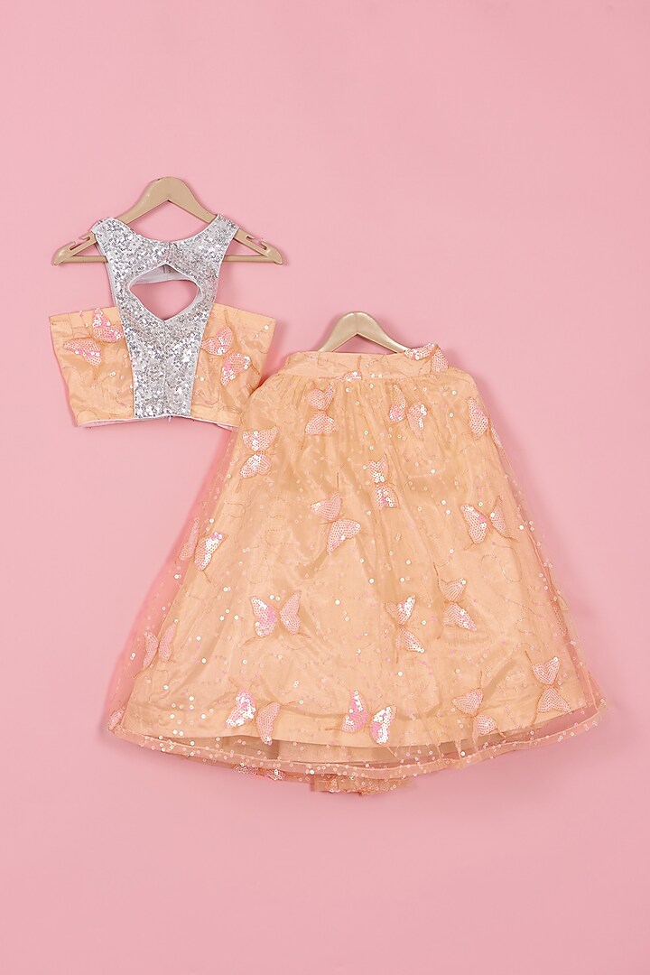 Peach Net Butterfly Embroidered Lehenga Set For Girls by PiccoRicco at Pernia's Pop Up Shop