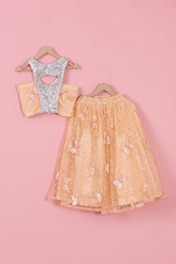 Peach Net Butterfly Embroidered Lehenga Set For Girls by PiccoRicco at Pernia's Pop Up Shop