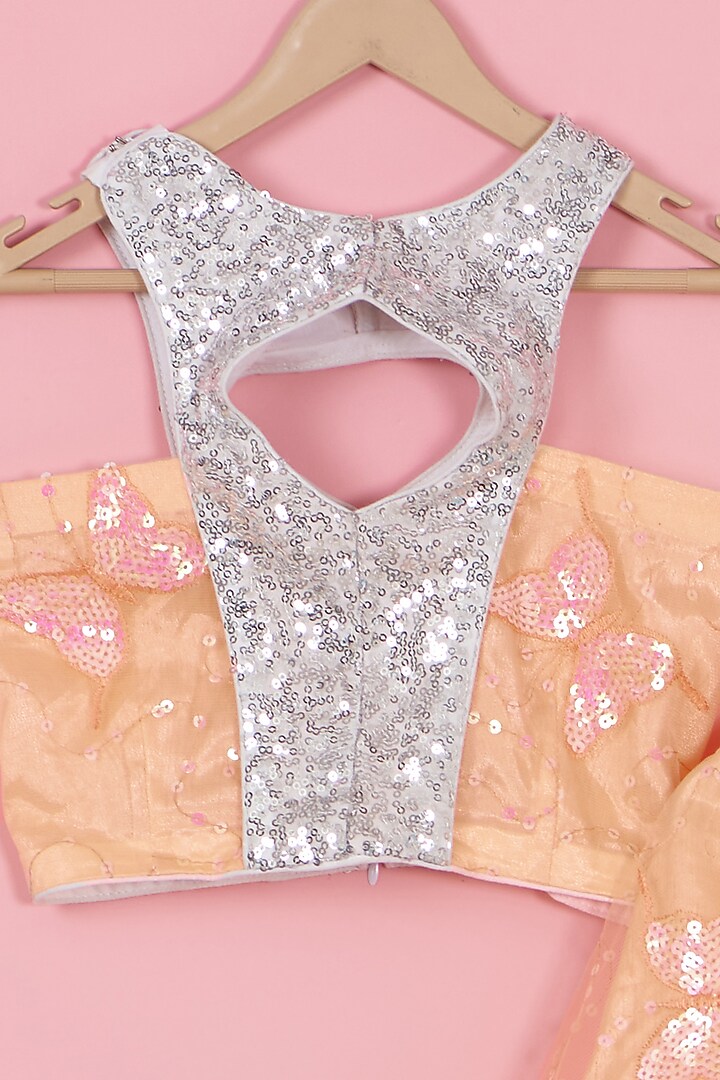 Peach Net Butterfly Embroidered Lehenga Set For Girls by PiccoRicco at Pernia's Pop Up Shop