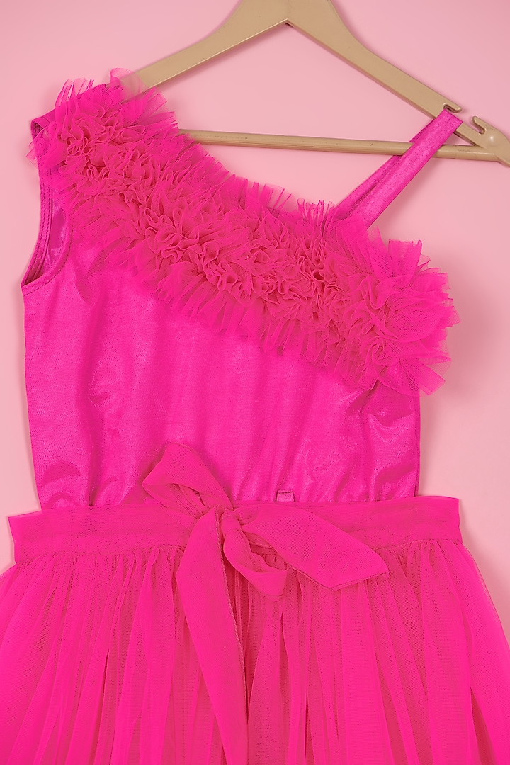 Pink Net Jumpsuit WIth Trail For Girls by PiccoRicco at Pernia's Pop Up Shop
