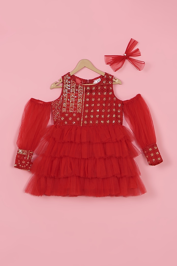 Red Net Sequins Embroidered Ruffled Dress For Girls by PiccoRicco