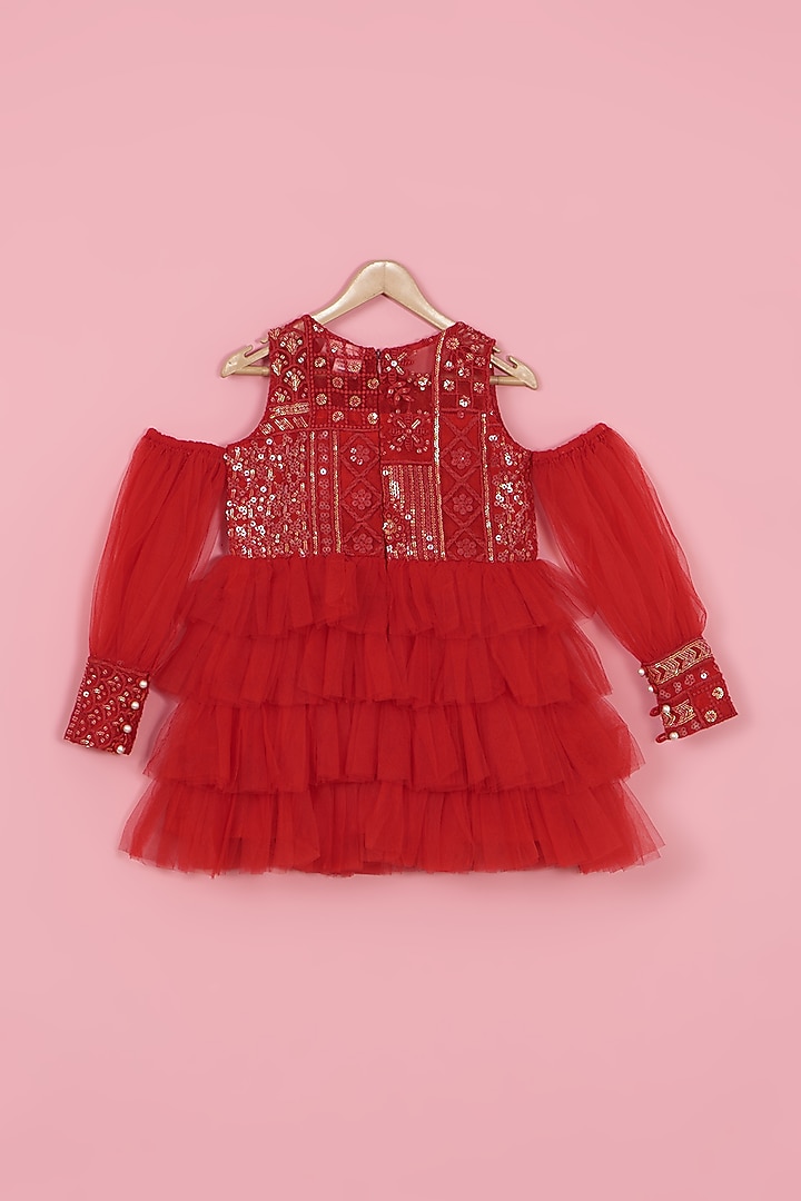 Red Net Sequins Embroidered Ruffled Dress For Girls by PiccoRicco at Pernia's Pop Up Shop