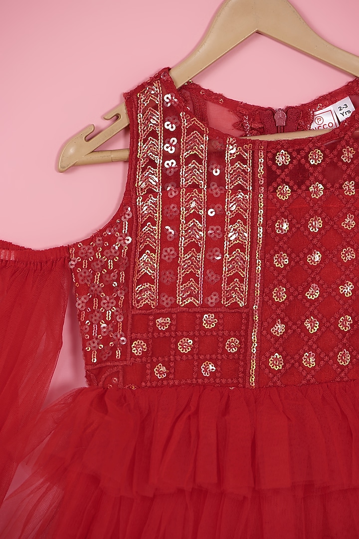 Red Net Sequins Embroidered Ruffled Dress For Girls by PiccoRicco at Pernia's Pop Up Shop