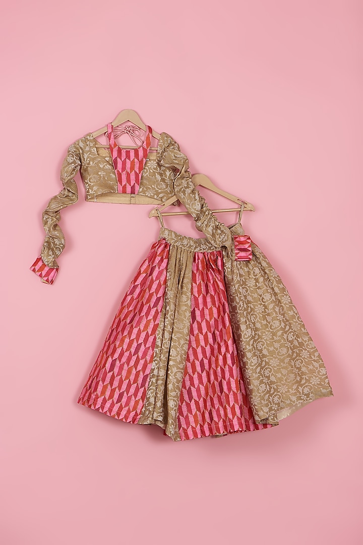 Pink & Golden Brocade Lehenga Set For Girls by PiccoRicco