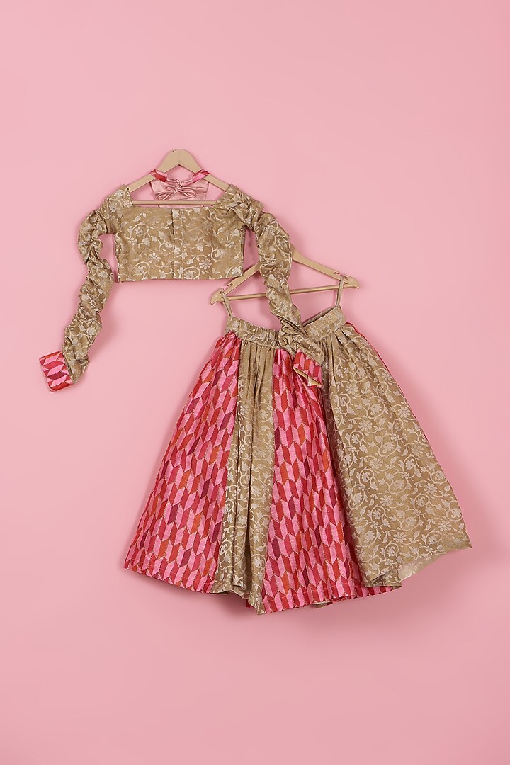 Pink & Golden Brocade Lehenga Set For Girls by PiccoRicco at Pernia's Pop Up Shop
