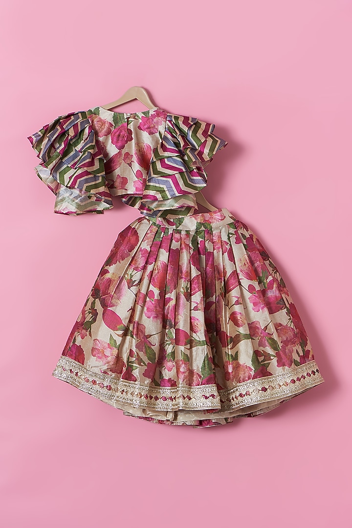 Multi-colored Tussar Silk Floral Printed Lehenga Set For Girls by PiccoRicco at Pernia's Pop Up Shop