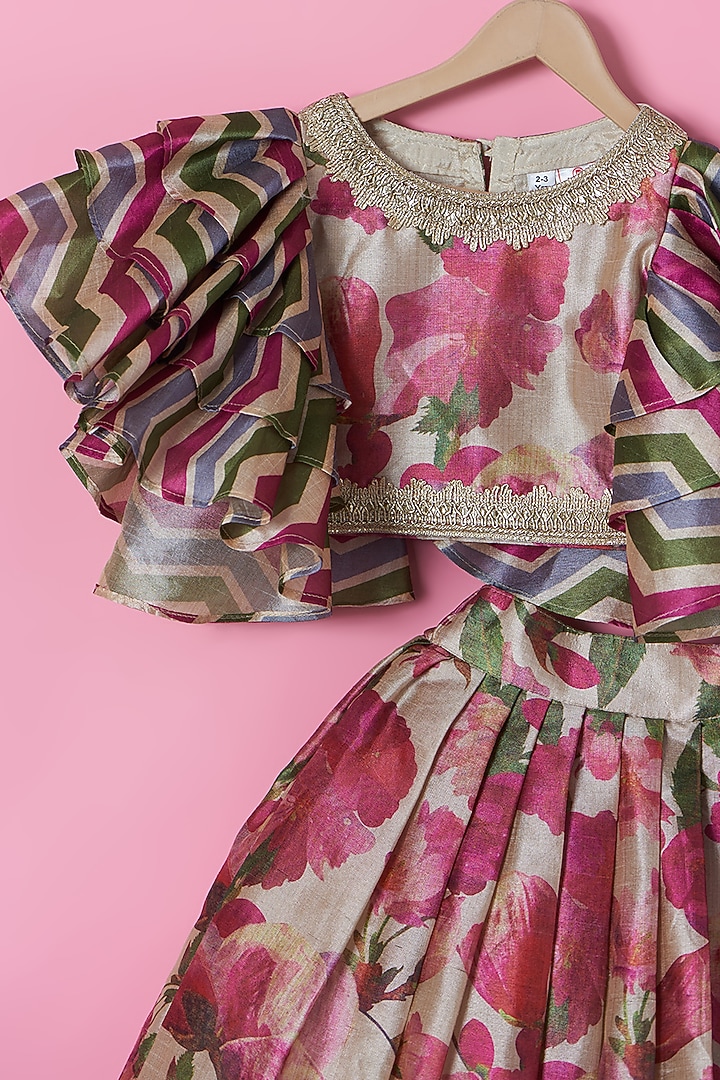 Multi-colored Tussar Silk Floral Printed Lehenga Set For Girls by PiccoRicco at Pernia's Pop Up Shop