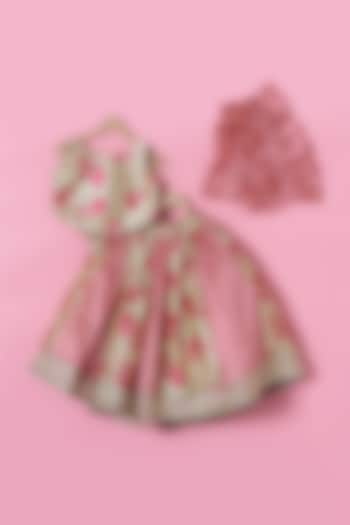 Pink & Golden Tussar Silk Lehenga Set For Girls by PiccoRicco