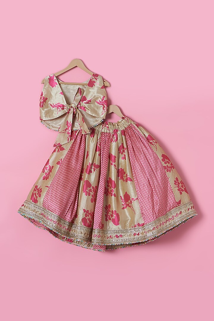 Pink & Golden Tussar Silk Lehenga Set For Girls by PiccoRicco at Pernia's Pop Up Shop