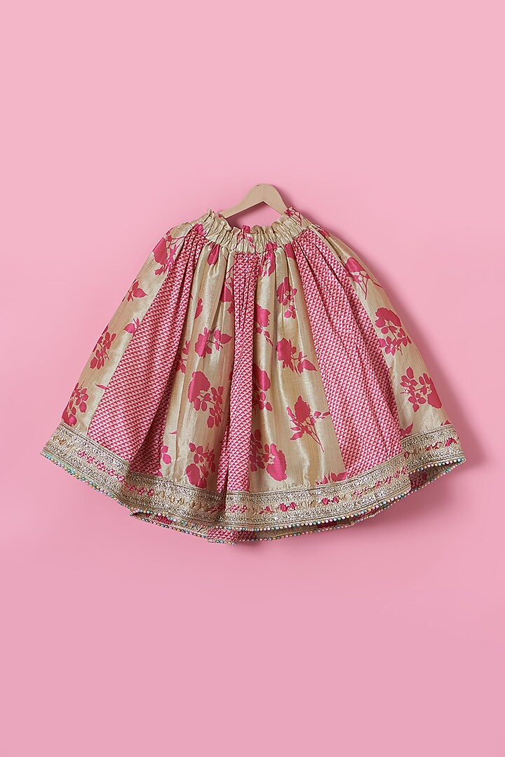 Pink & Golden Tussar Silk Lehenga Set For Girls by PiccoRicco at Pernia's Pop Up Shop