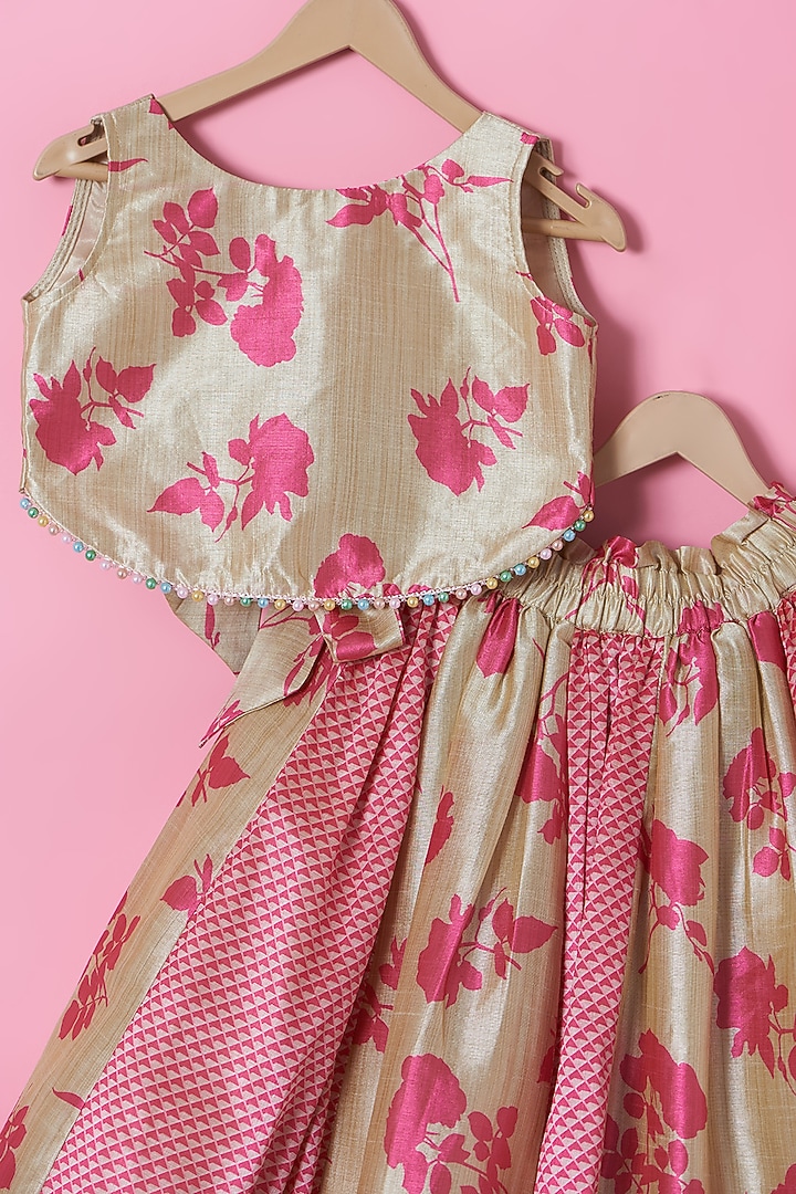 Pink & Golden Tussar Silk Lehenga Set For Girls by PiccoRicco at Pernia's Pop Up Shop