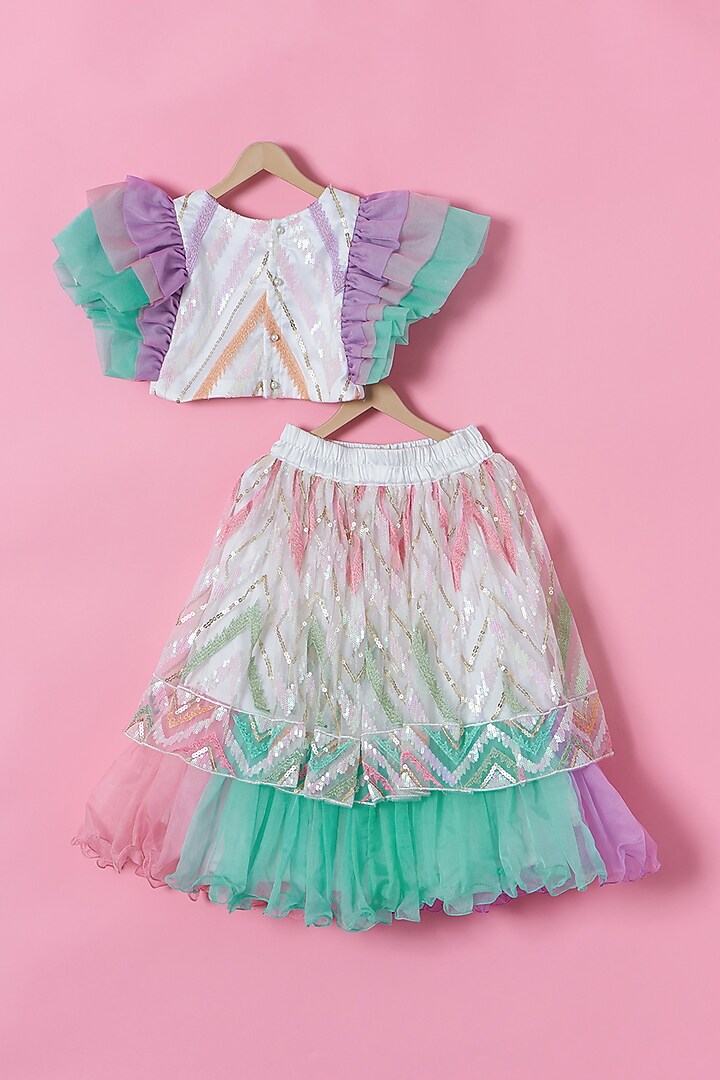 Multi-Colored Net & Organza Sequins Embroidered Lehenga Set For Girls by PiccoRicco at Pernia's Pop Up Shop