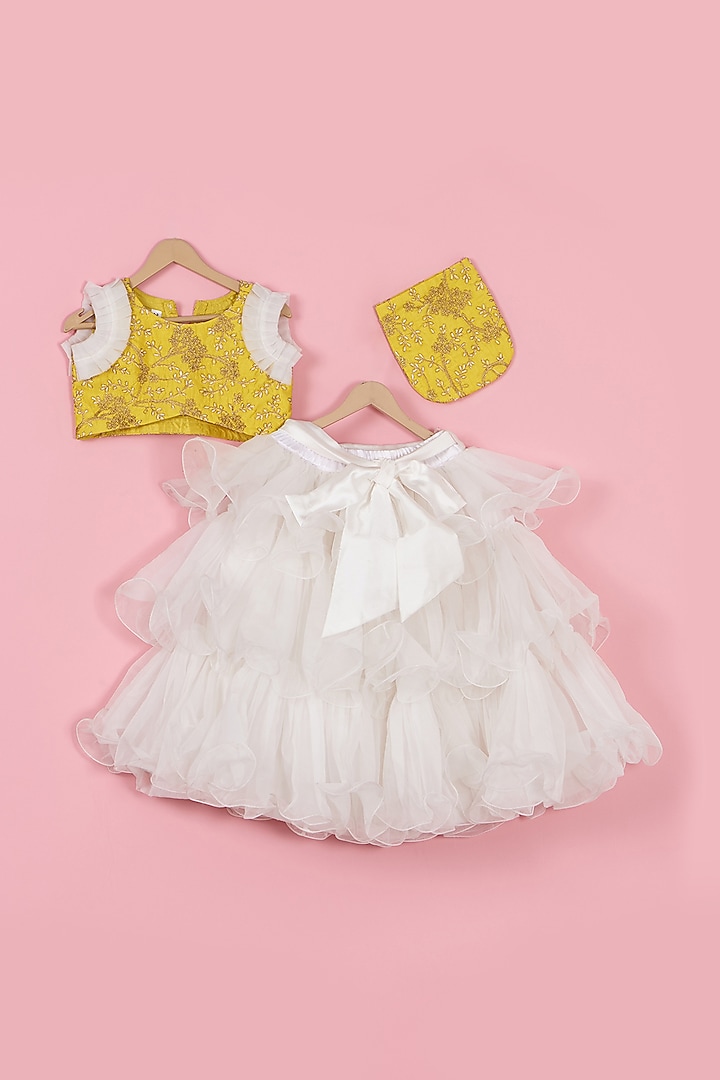 White Net Satin & Organza Layered Lehenga Set For Girls by PiccoRicco at Pernia's Pop Up Shop