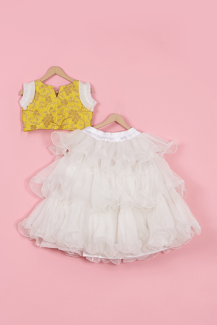 White Net Satin & Organza Layered Lehenga Set For Girls by PiccoRicco at Pernia's Pop Up Shop