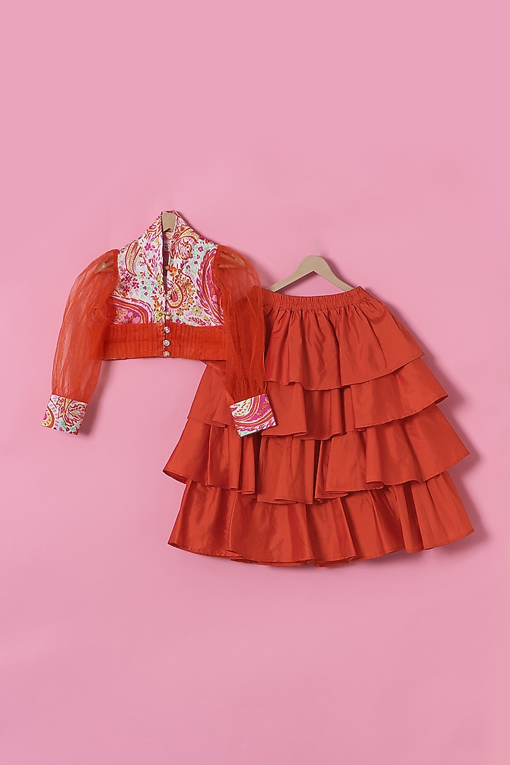 Orange Satin & Net Layered Skirt Set For Girls by PiccoRicco