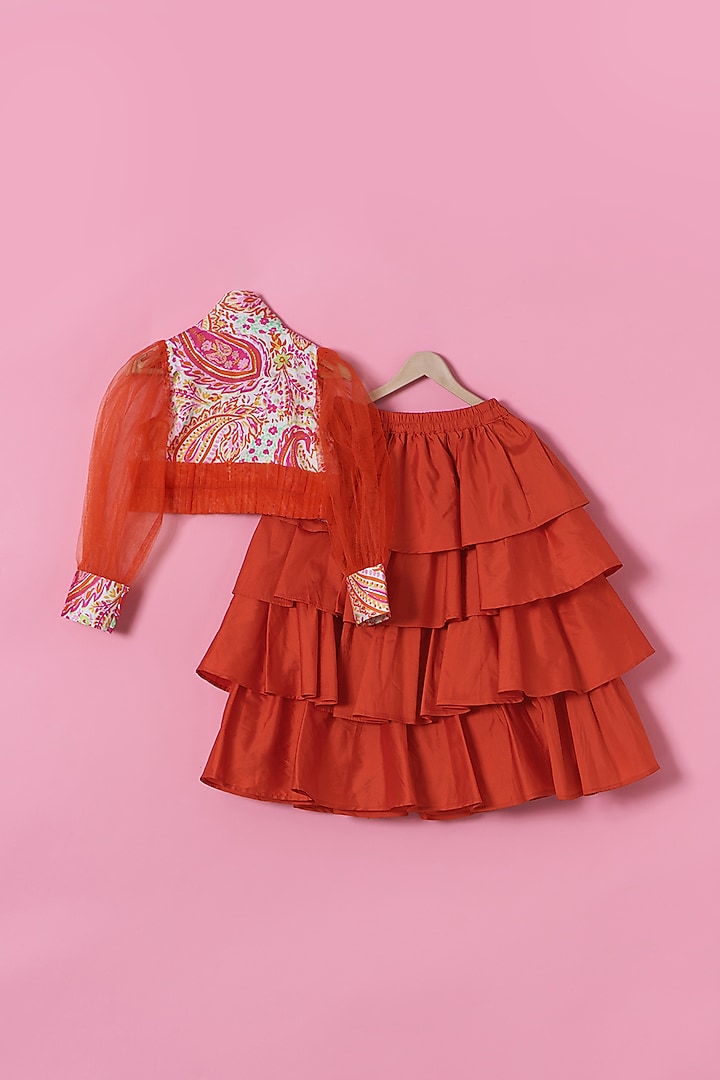 Orange Satin & Net Layered Skirt Set For Girls by PiccoRicco at Pernia's Pop Up Shop