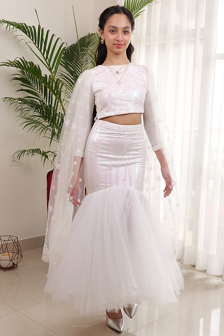 White Net Sequins Fish-Cut Lehenga Set For Girls by PiccoRicco at Pernia's Pop Up Shop