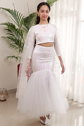 White Net Sequins Fish-Cut Lehenga Set For Girls by PiccoRicco