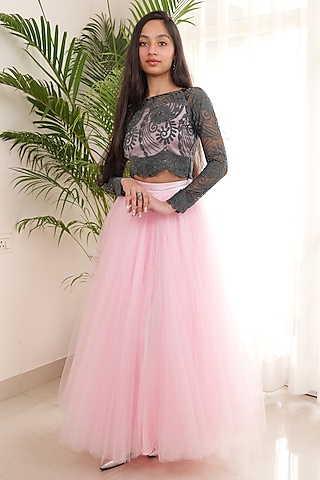 Pink Net Flared Skirt Set For Girls by PiccoRicco