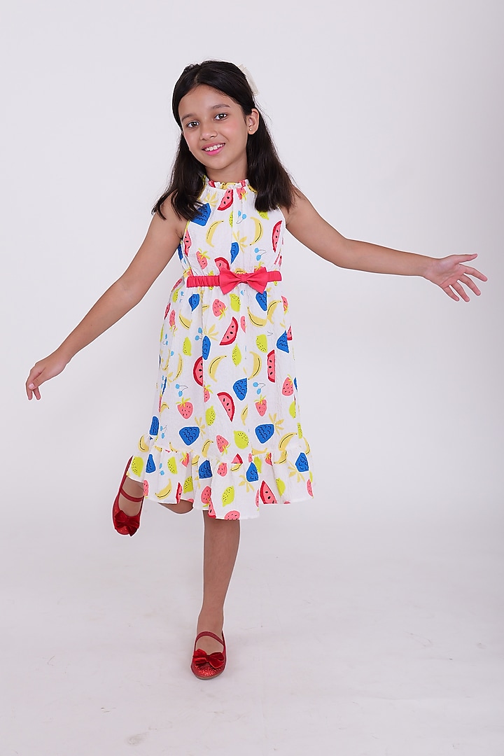 White Bubble Cotton Printed Dress For Girls by PiccoRicco at Pernia's Pop Up Shop