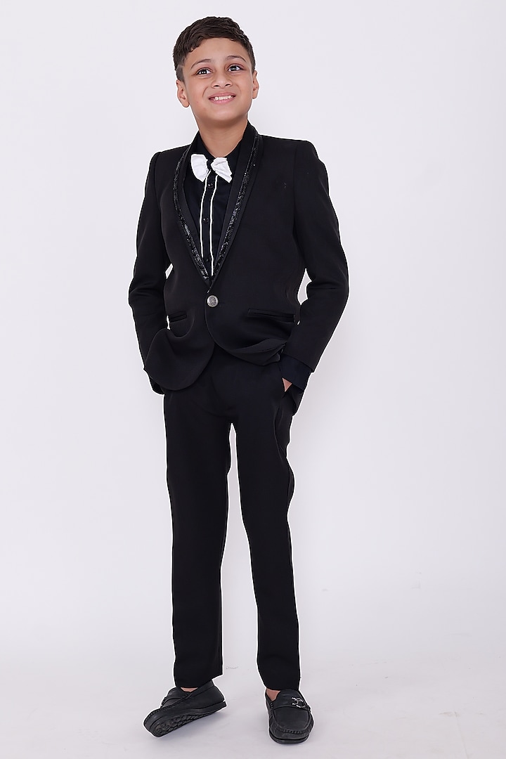 Black Silk Blazer Set For Boys by PiccoRicco at Pernia's Pop Up Shop