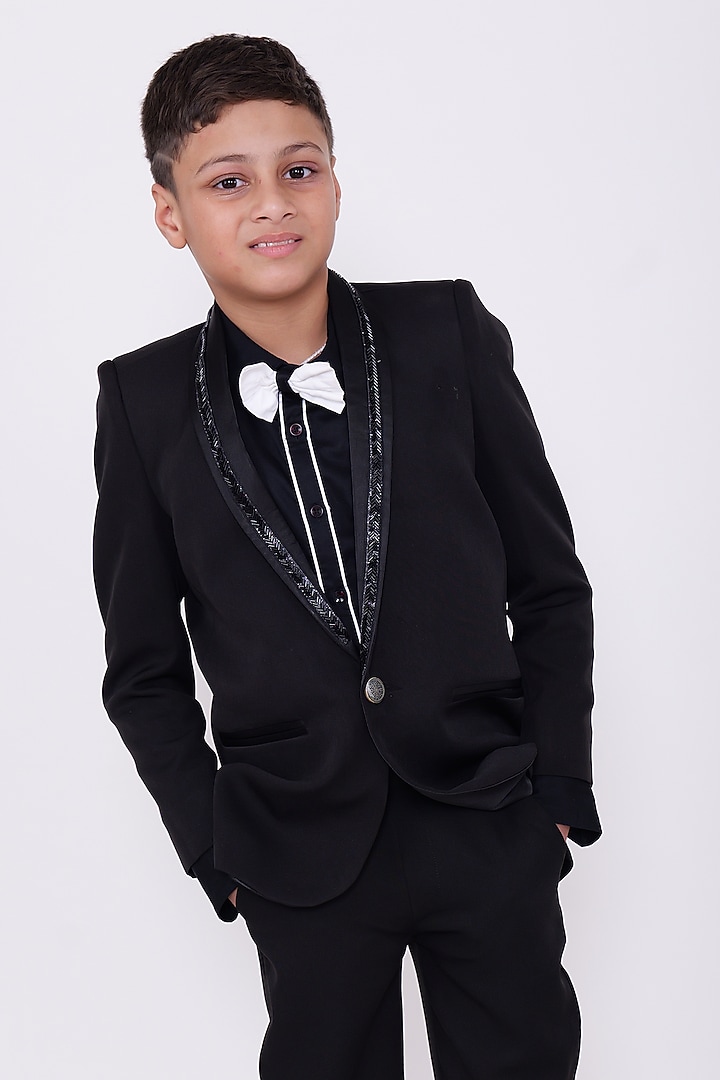 Black Silk Blazer Set For Boys by PiccoRicco at Pernia's Pop Up Shop